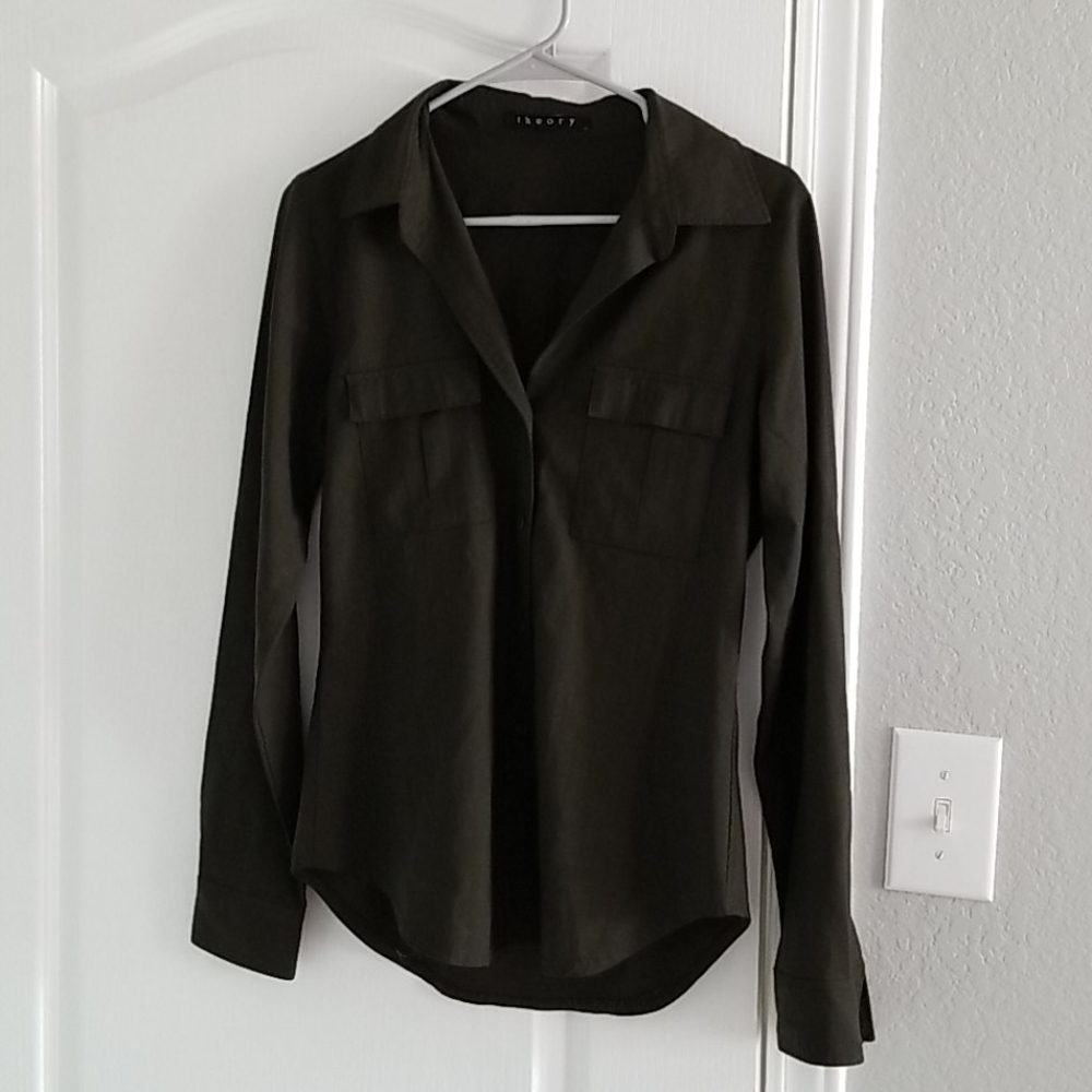Theory button down in dark olive green